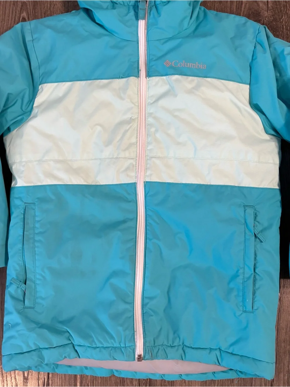 Columbia Youth Teal & Light Aqua Hooded Puffer Jacket size Small (8)